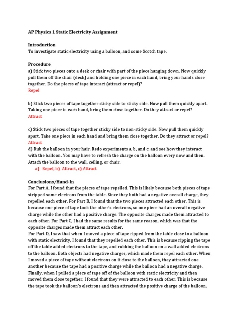 AP Physics 1 Static Electricity Assignment | PDF | Science & Mathematics