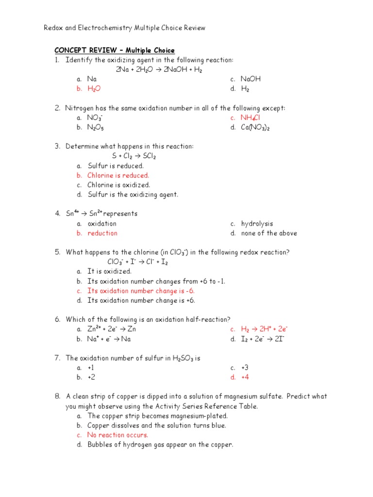Redox and Electrochem Review Multiple Choice Eboard Answers PDF