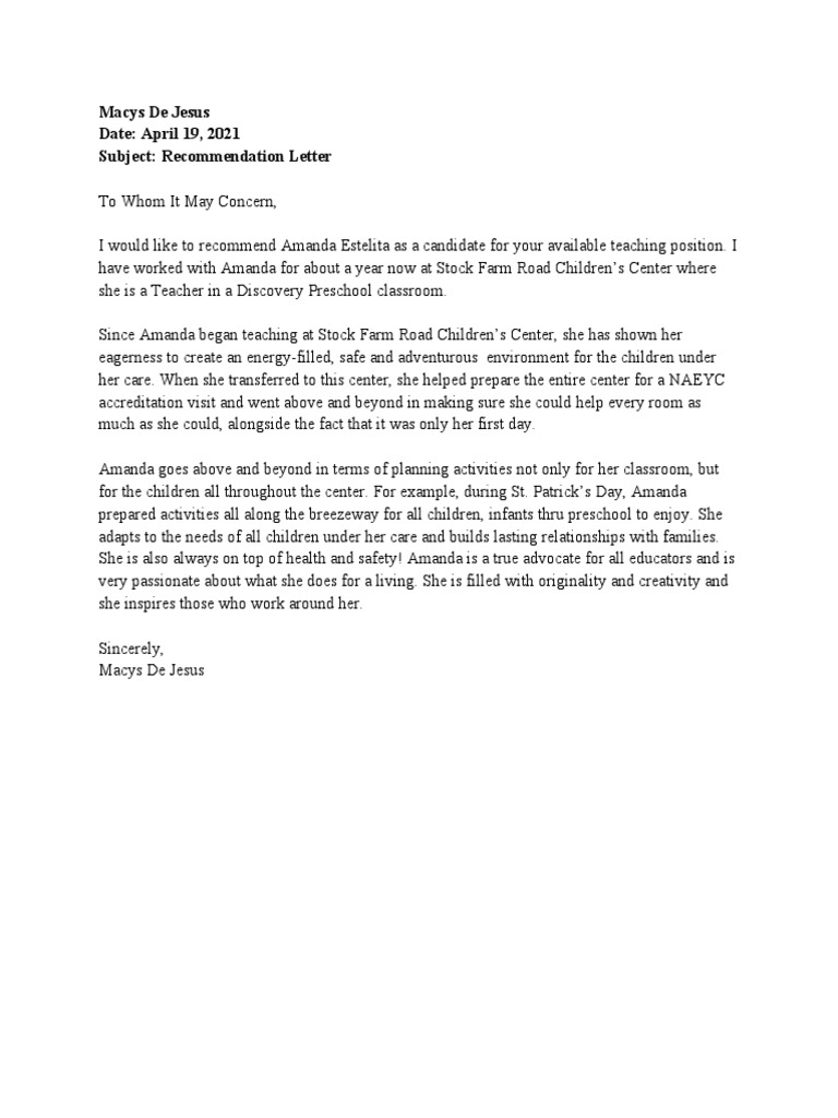 Amanda Estelita Teaching Recommendation | PDF