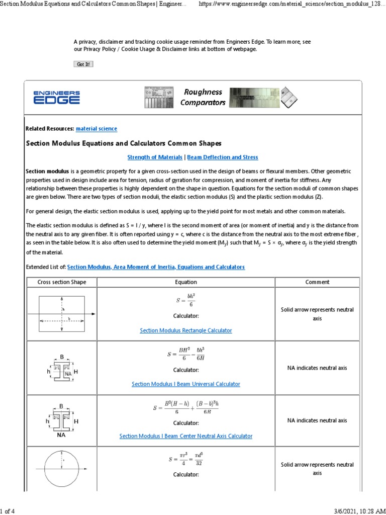 Section Modulus Equations and Calculators Common Shapes: Got It! | PDF ...