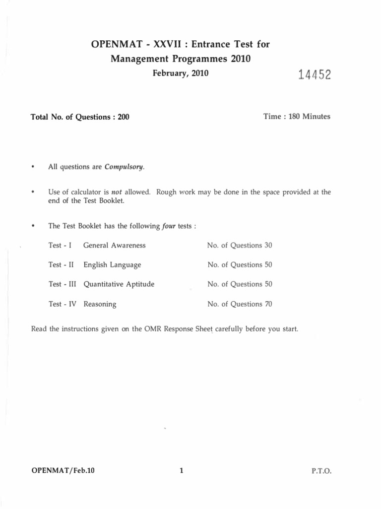 Openmat Xxvii Entrance Test For Management Programmes 2010 February