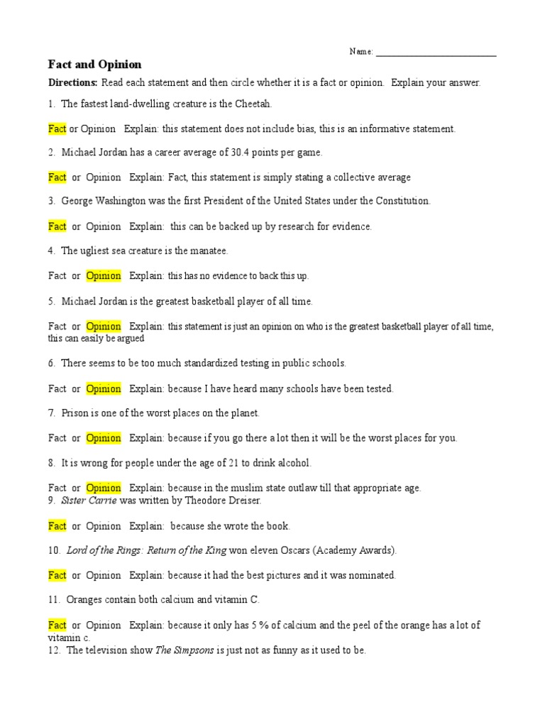 Fact-And-Opinion-Worksheet 1 | PDF | Foods | Wellness for Free Printable Fact And Opinion Worksheets