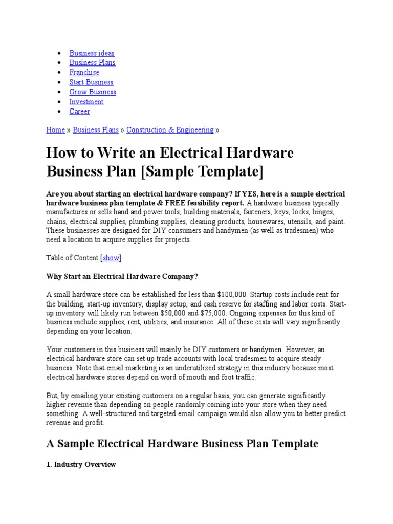 How To Write An Electrical Hardware Business Plan (Sample Template