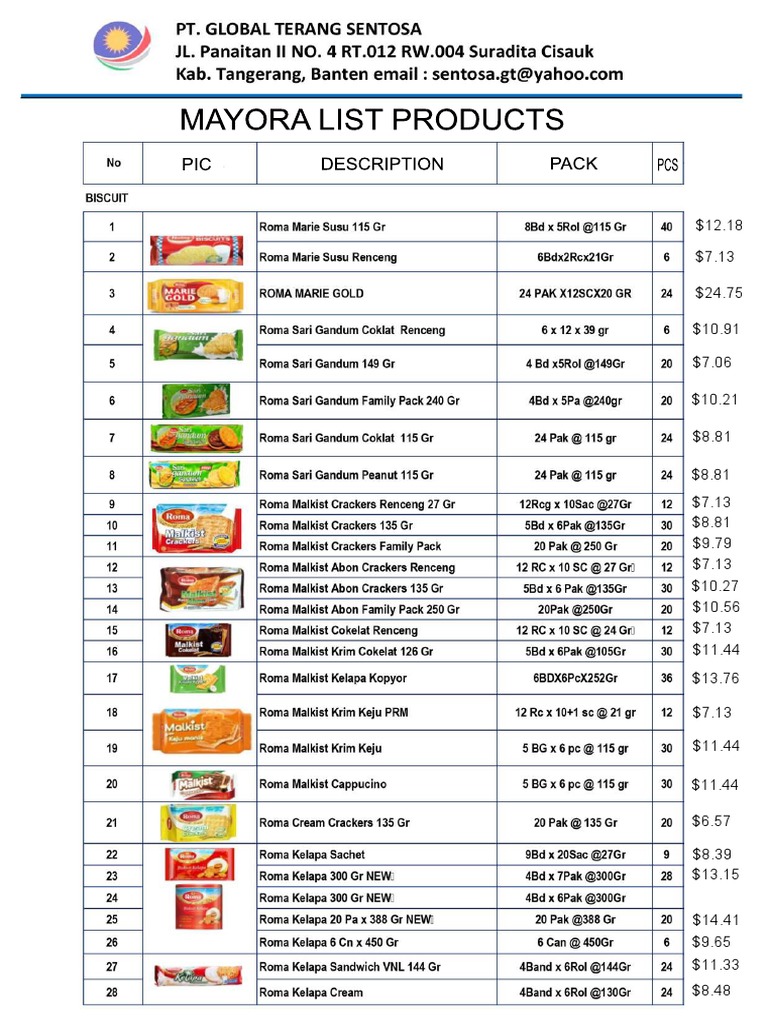 Mayora Product List Overview | PDF