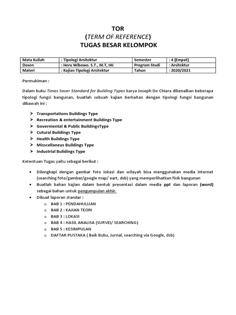 TOR - Tugas Tipology Arsitektur | PDF