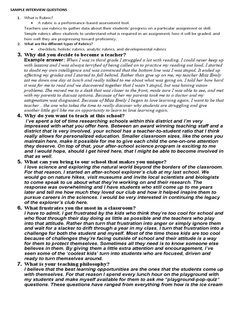 Sample Interview Questions | PDF | Rubric (Academic) | Classroom