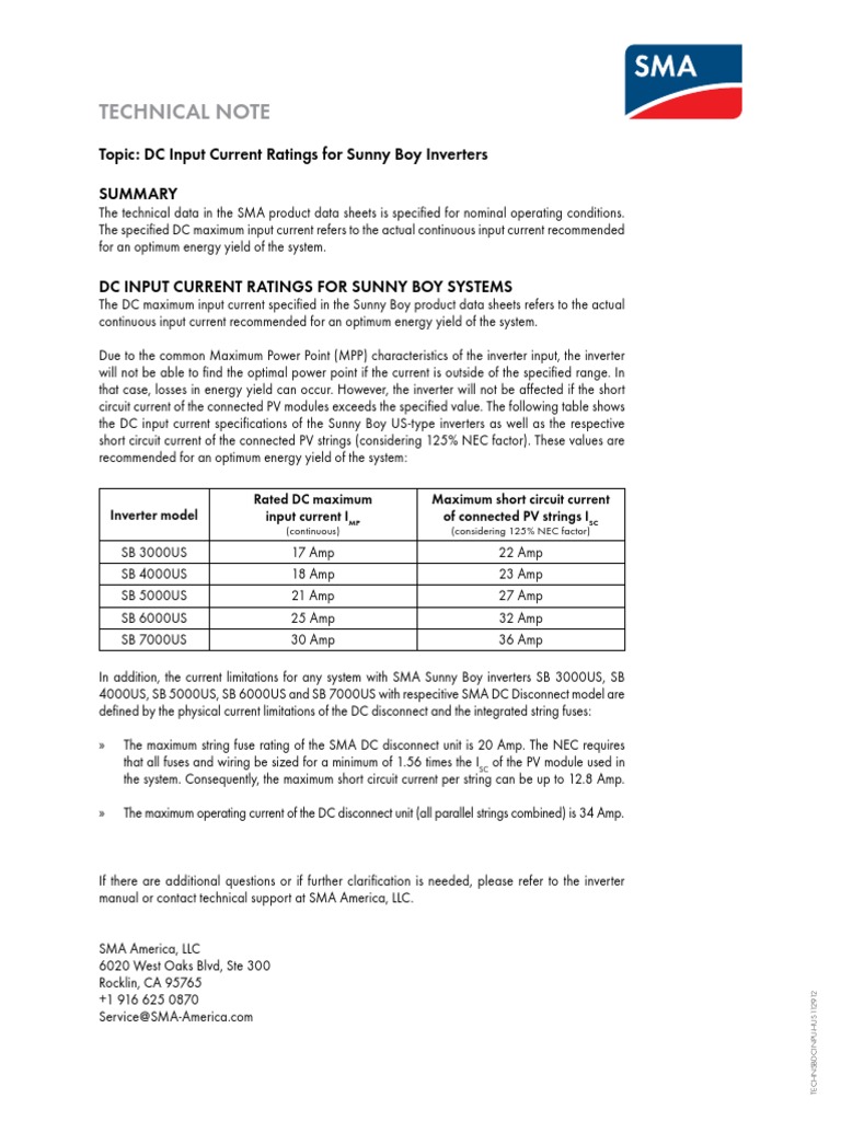 Technical Note Topic DC Input Current Ratings For Sunny Boy Inverters