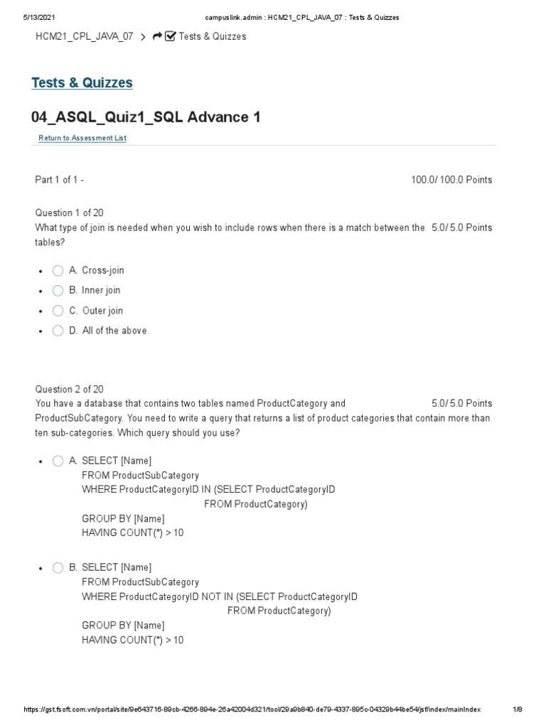 04 - ASQL - Quiz1 - SQL Advance 1: Tests & Quizzes | PDF | Data ...