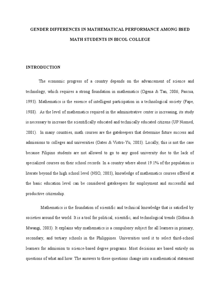 Gender Differences in Mathematical Performance Among Bsed Math Students ...