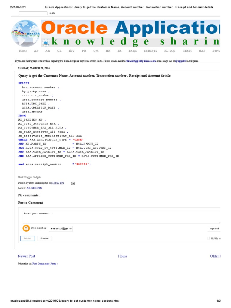 Customer Transaction Query in Oracle Apps | PDF | Receipt | Computing