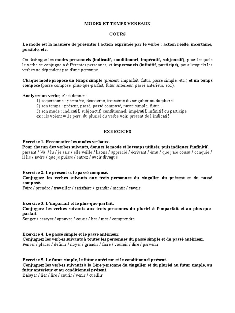 évaluation Temps Composés 5ème Pdf Conjugaison Modes Et Temps Verbaux | PDF | Temps (grammaire) | Verbe