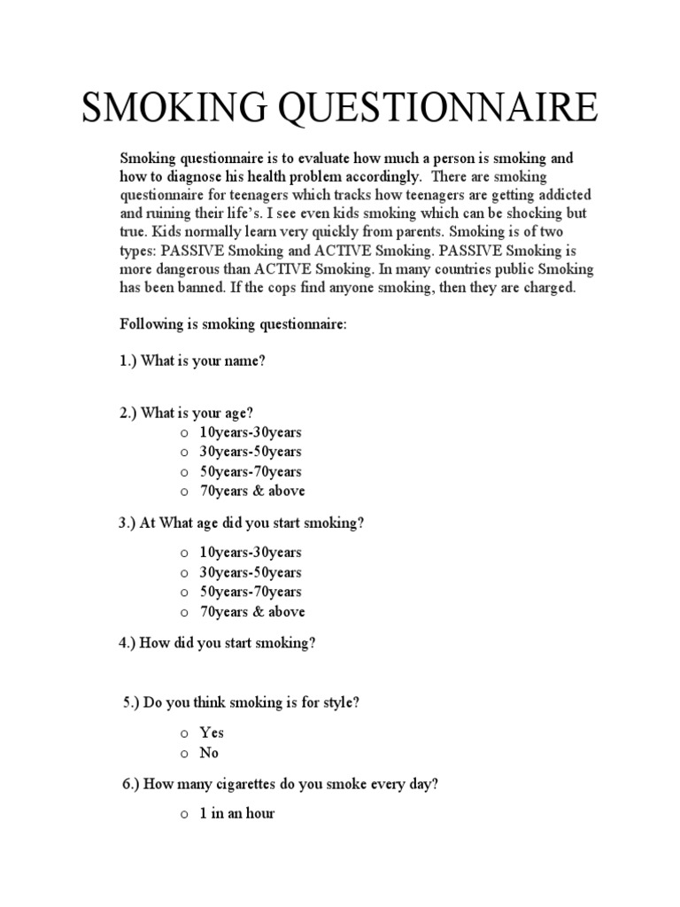 cigarette smoking survey questions Psychometric Analysis of a Microenvironment Secondhand Smoke Exposure Questionnaire Smoking Behavior Assessment Questionnaire |