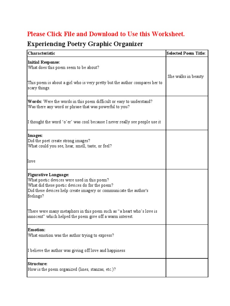 Experiencing Poetry Graphic Organizer Please Click File And Download To Use This Worksheet Pdf
