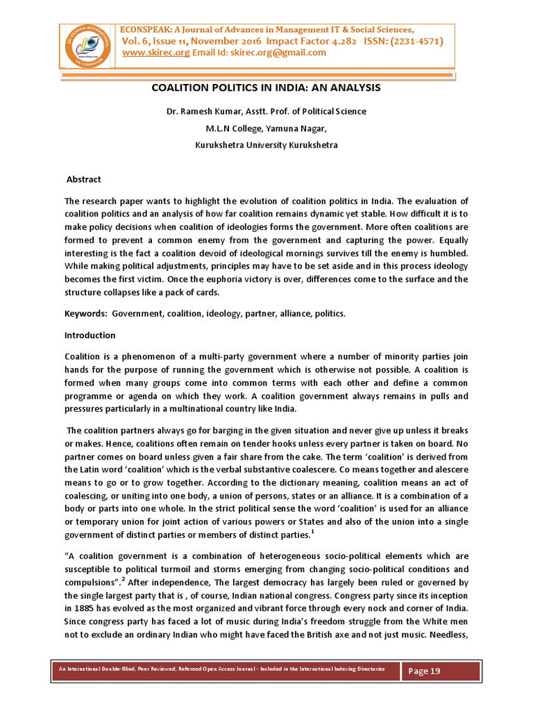 Coalition Politics in India An Analysis | PDF | Politics Of India ...