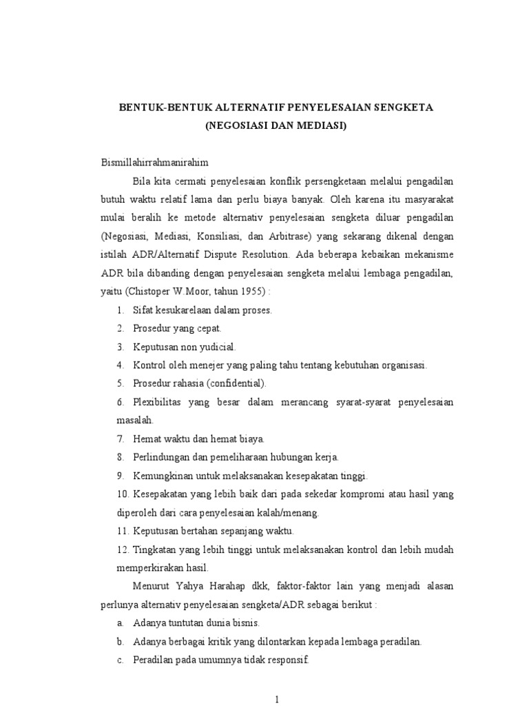 Bentuk Alternatif Penyelesaian Sengketa