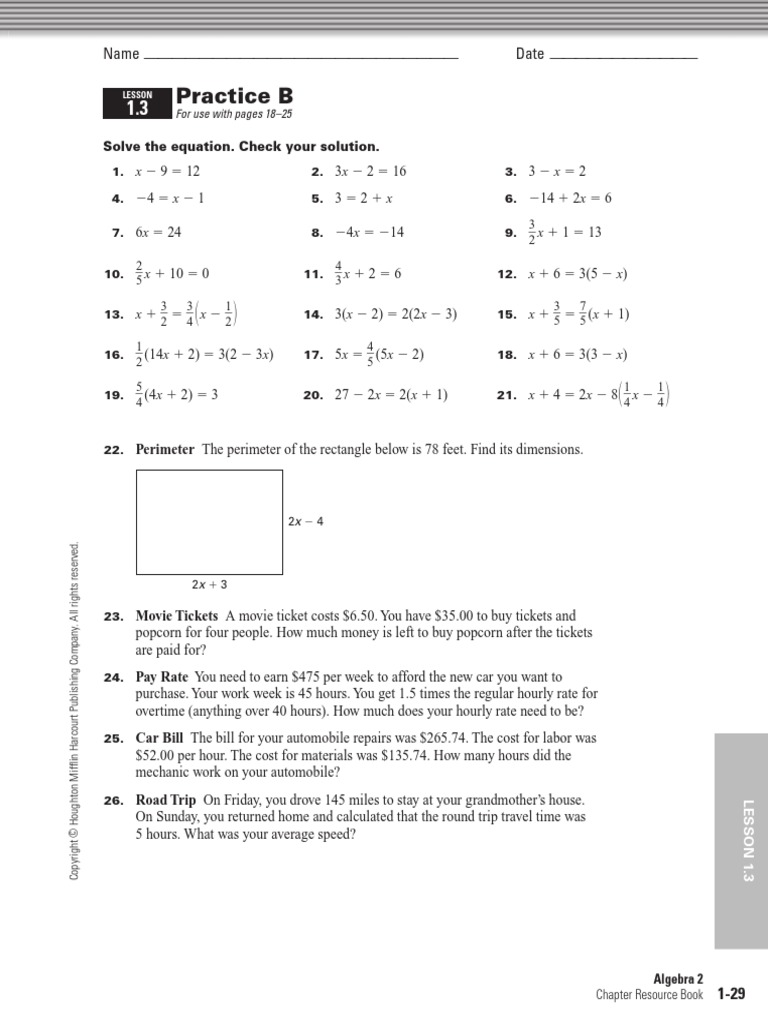 Algebra 2 1 3 Practice B Pdf Teaching Mathematics Business