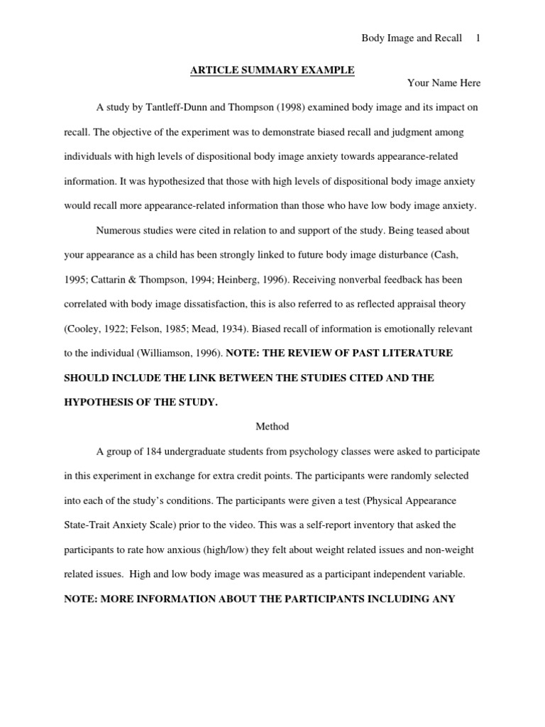 APA Article Summary Example  PDF  Body Image  Experiment