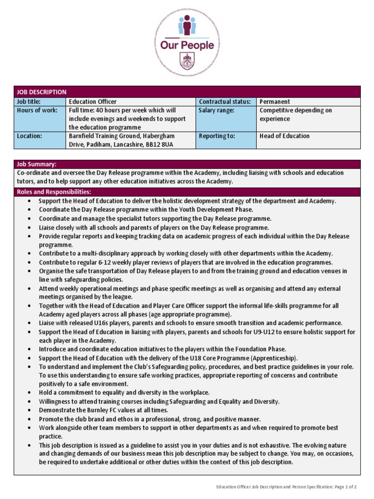 Job Description Education Officer Job Description and Person