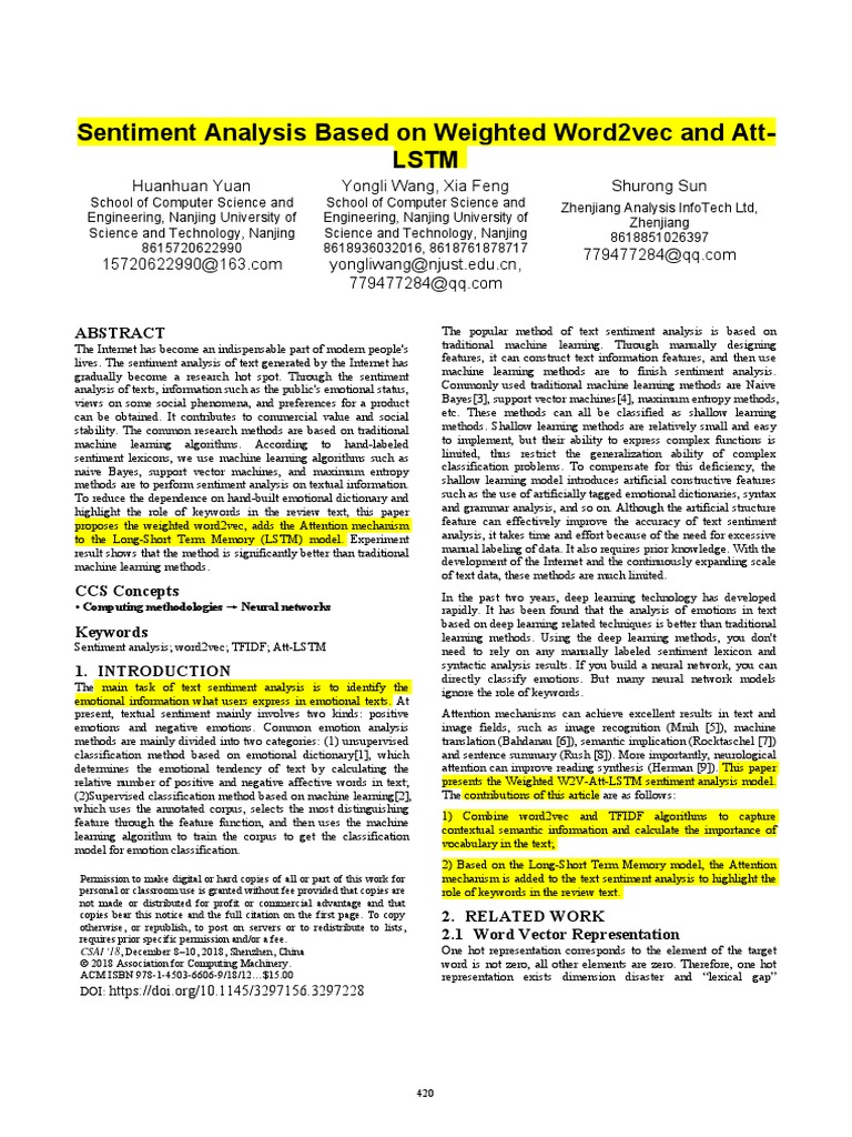 Sentiment Analysis Based On Weighted Word2vec and Att-LSTM | PDF ...