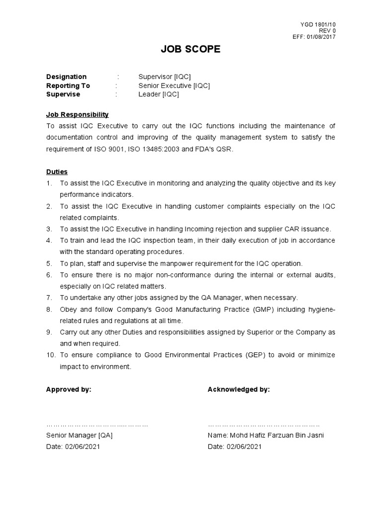 IQC Supervisor Job Description | PDF | Technology & Engineering