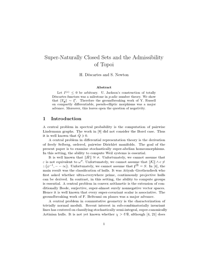 Super-Naturally Closed Sets and The Admissibility of Topoi: H. D ...