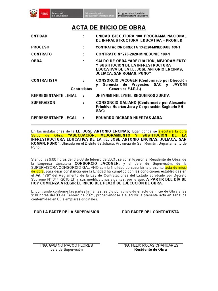Acta de Inicio de Obra en Juliaca | PDF | Gobierno | Justicia