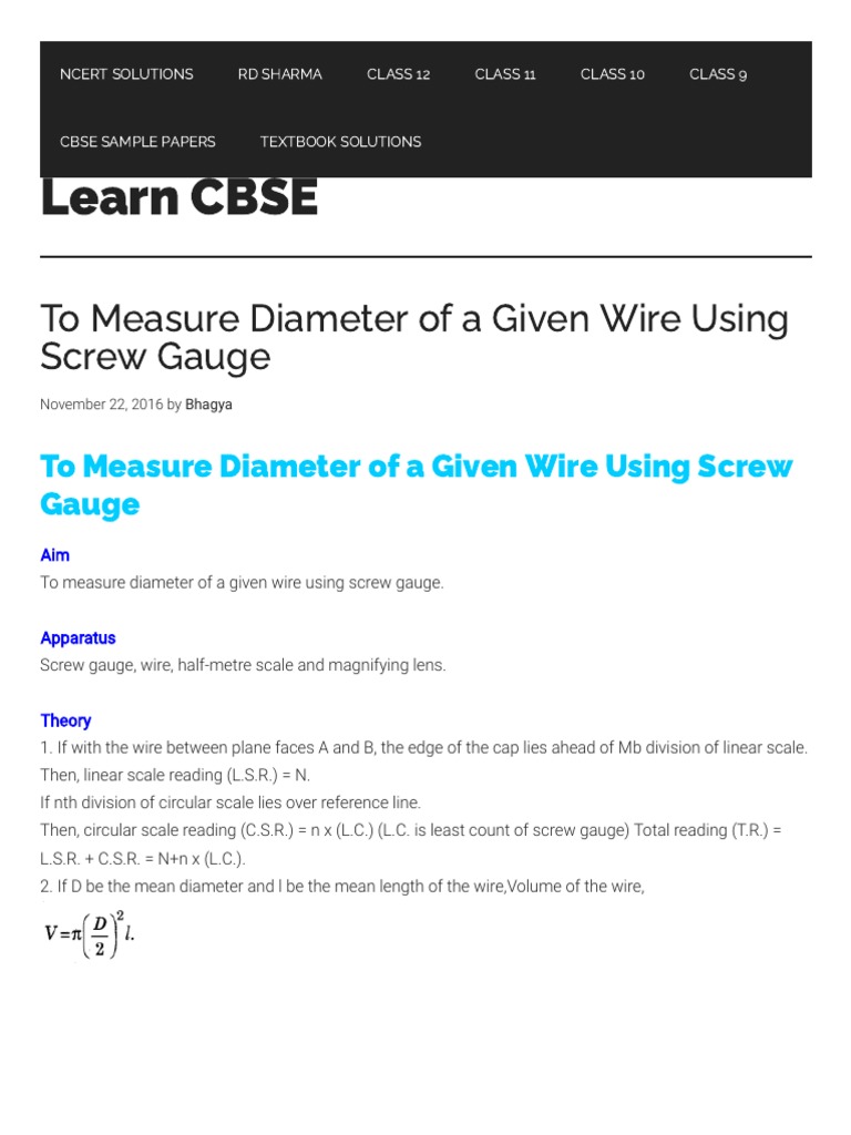 Learn CBSE To Measure Diameter of A Given Wire Using Screw Gauge PDF
