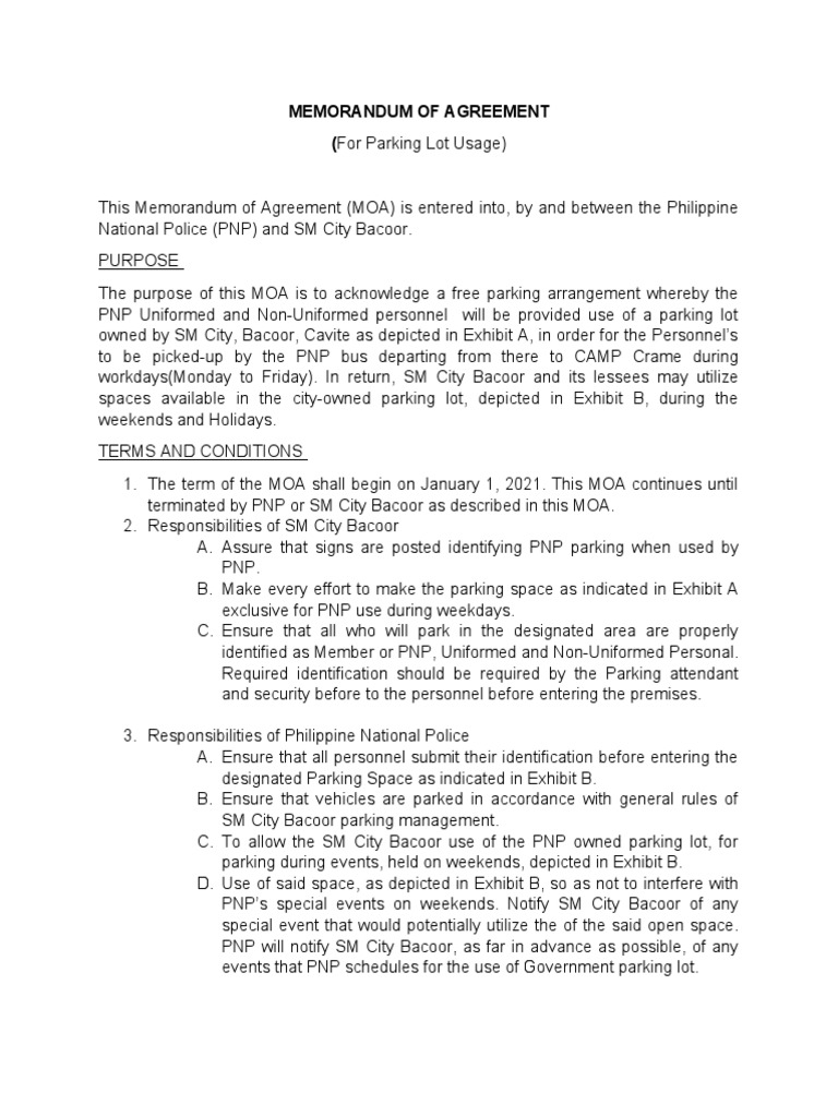 Memorandum of Agreement (For Parking Lot Usage) | PDF | Common Law ...