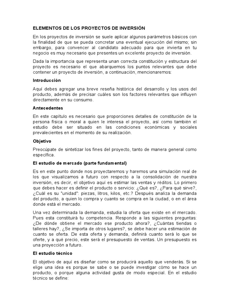 Elementos Clave en Proyectos de Inversión | PDF | Presupuesto | Inversiones