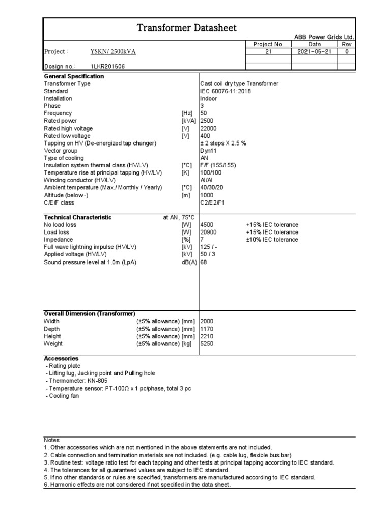 2500 kVA Dry Type Transformer Specs | PDF | Transformer | Force