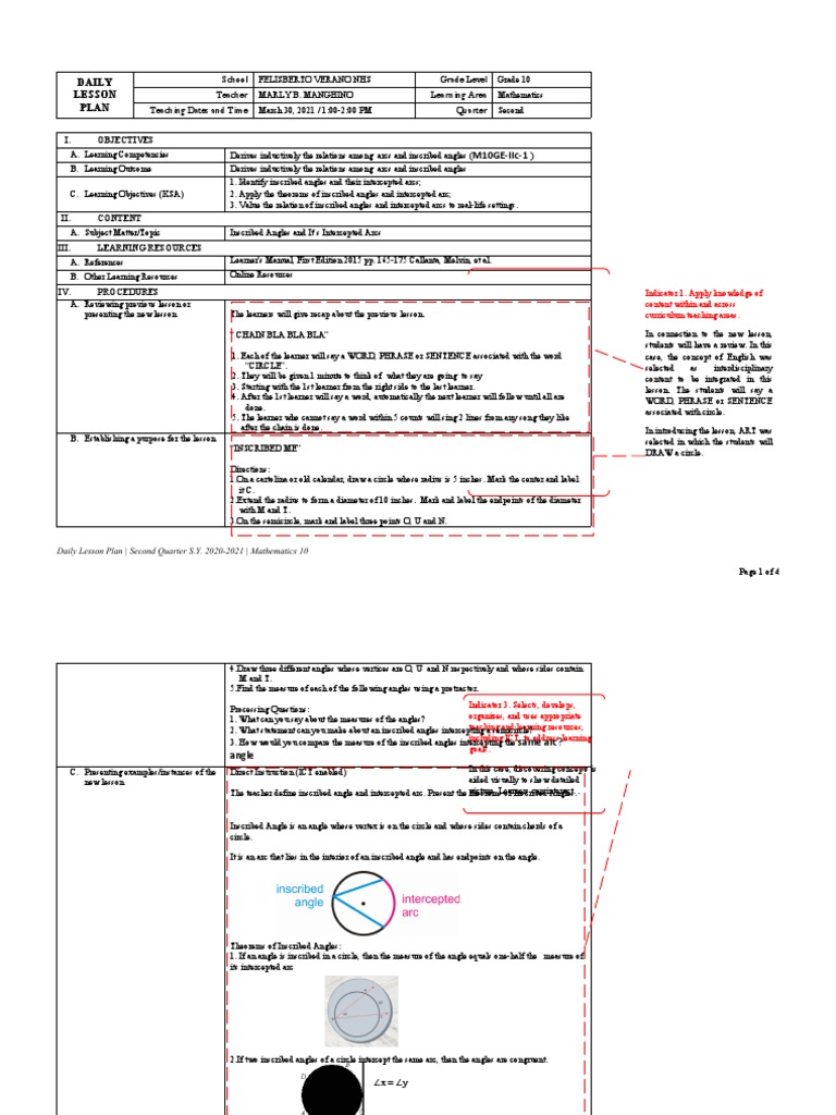 Inscribed Angles and Arcs Lesson Plan | PDF | Angle | Circle