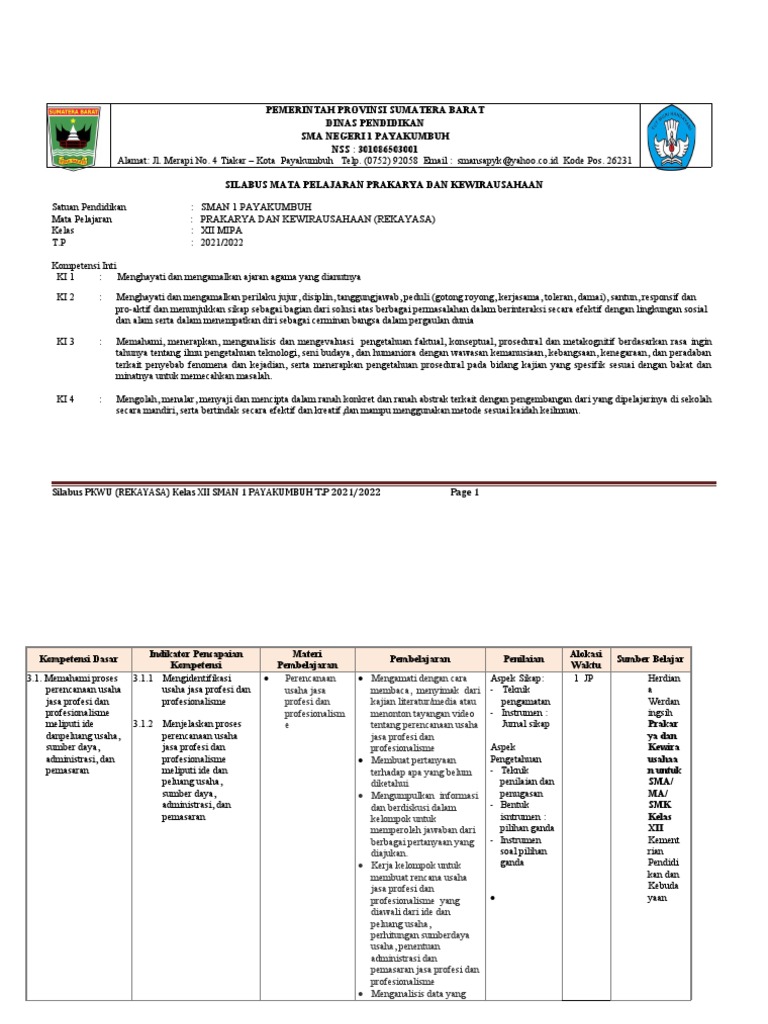 Silabus PKWU Kelas XII SMAN 1 Payakumbuh | PDF