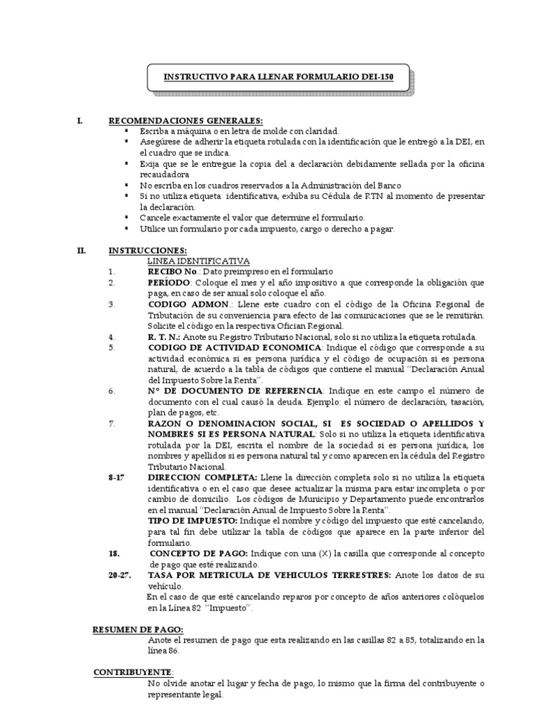 Instructivo para Formulario DEI-150 | PDF | Impuesto sobre la renta ...
