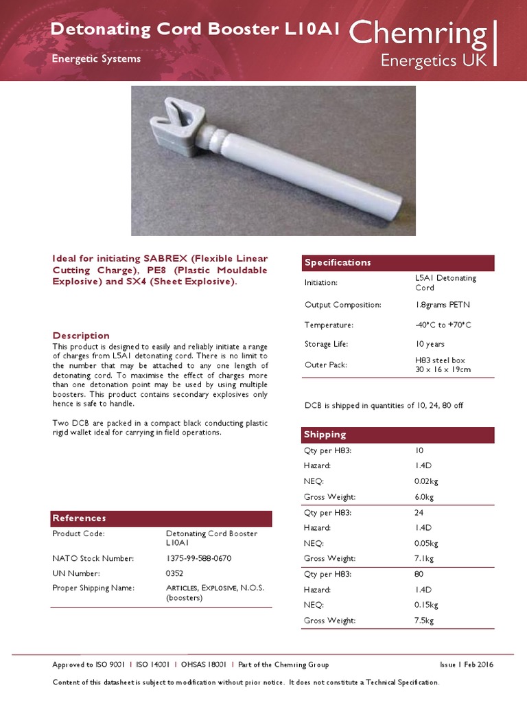 Detonating Cord Booster L10A1 Energetic Systems PDF Nature