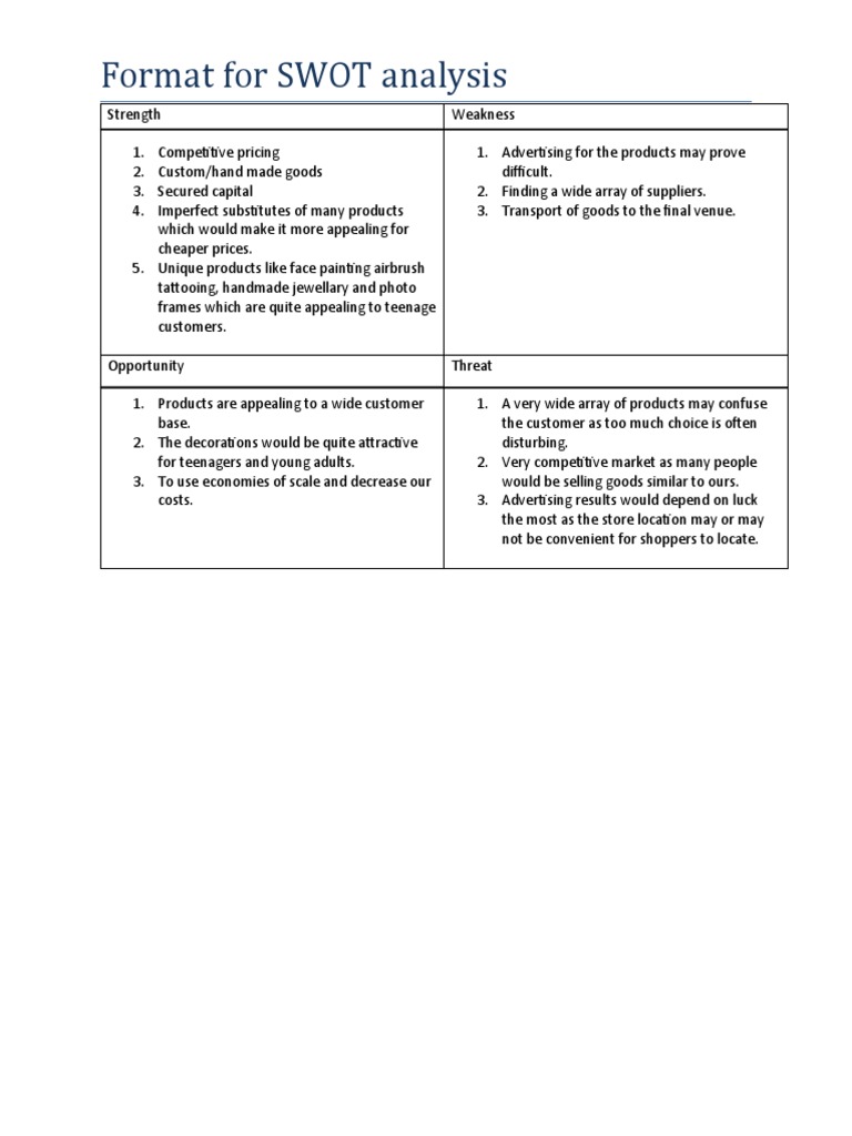 Teen-Focused Handmade Goods SWOT | PDF