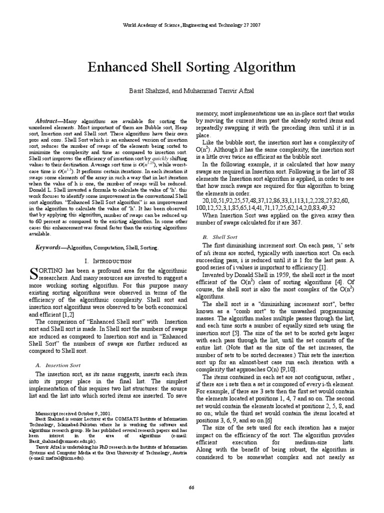 Enhanced Shell Sorting Algorithm: Basit Shahzad, and Muhammad Tanvir ...