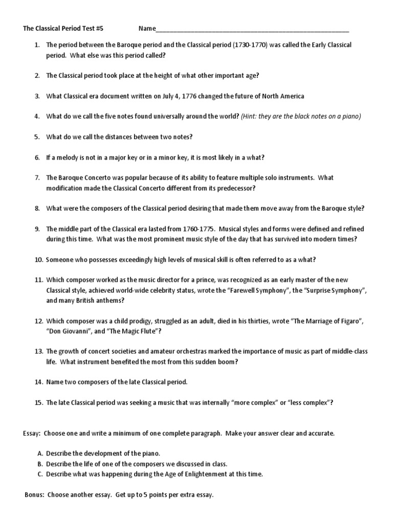 The Classical Period Worksheet PDF Classical Period (Music) Classical Music