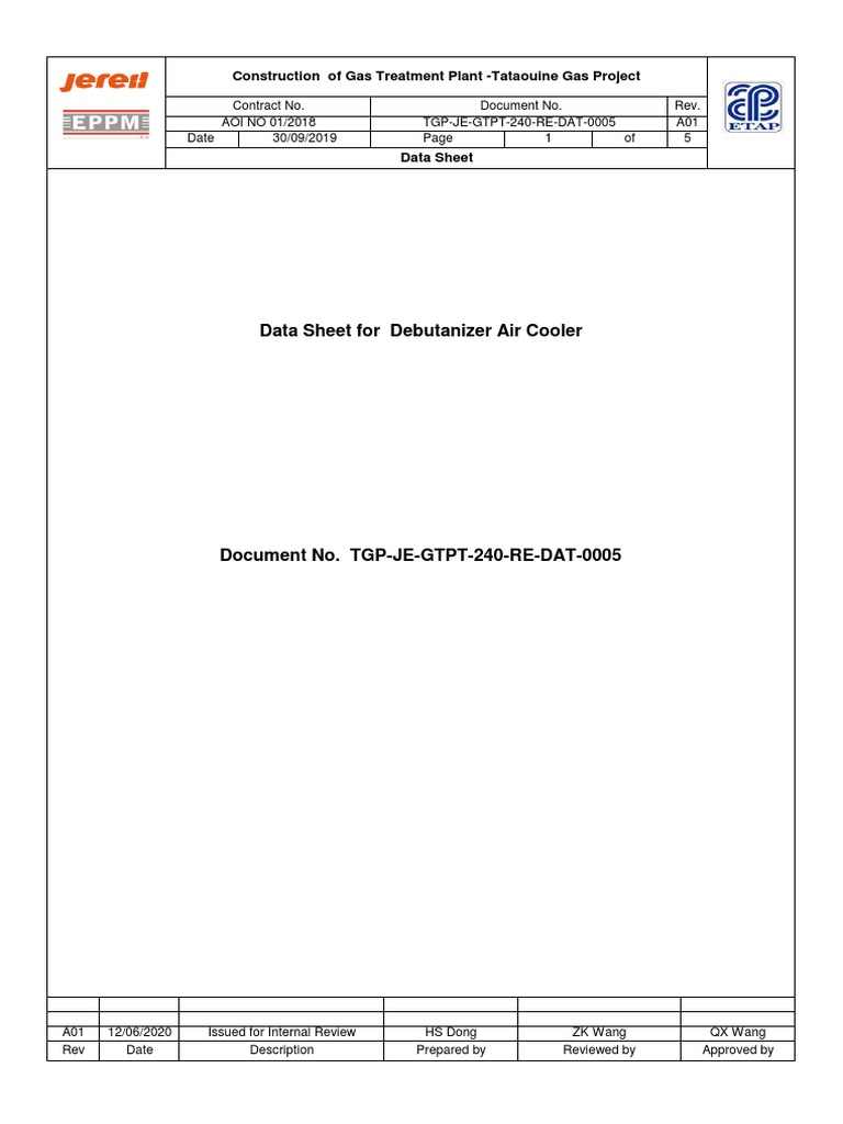 Gas Plant Debutanizer Data Sheet | PDF | Heat Exchanger | Pipe