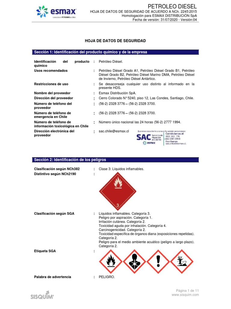 HDS Petróleo Diésel ESMAX 2020 | PDF | Dióxido de carbono | Agua