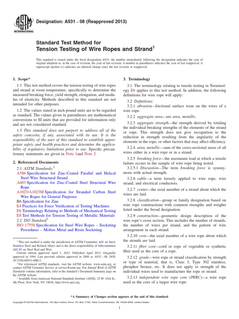A931!08!2013 Standard Test Method For Tension Testing of Wire Ropes and ...