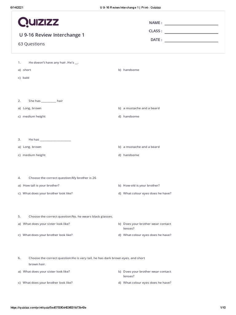 Understanding Descriptions of People and Places A Review Quiz on