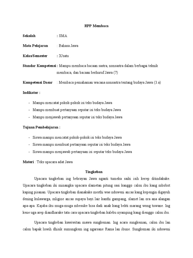 RPP Membaca Pemahaman Wacana Nonsastra Tentang Budaya Jawa | PDF | Seni ...