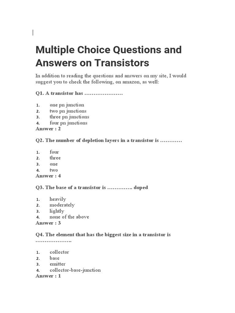 Multiple Choice Questions and Answers On Transistors Q1. A Transistor