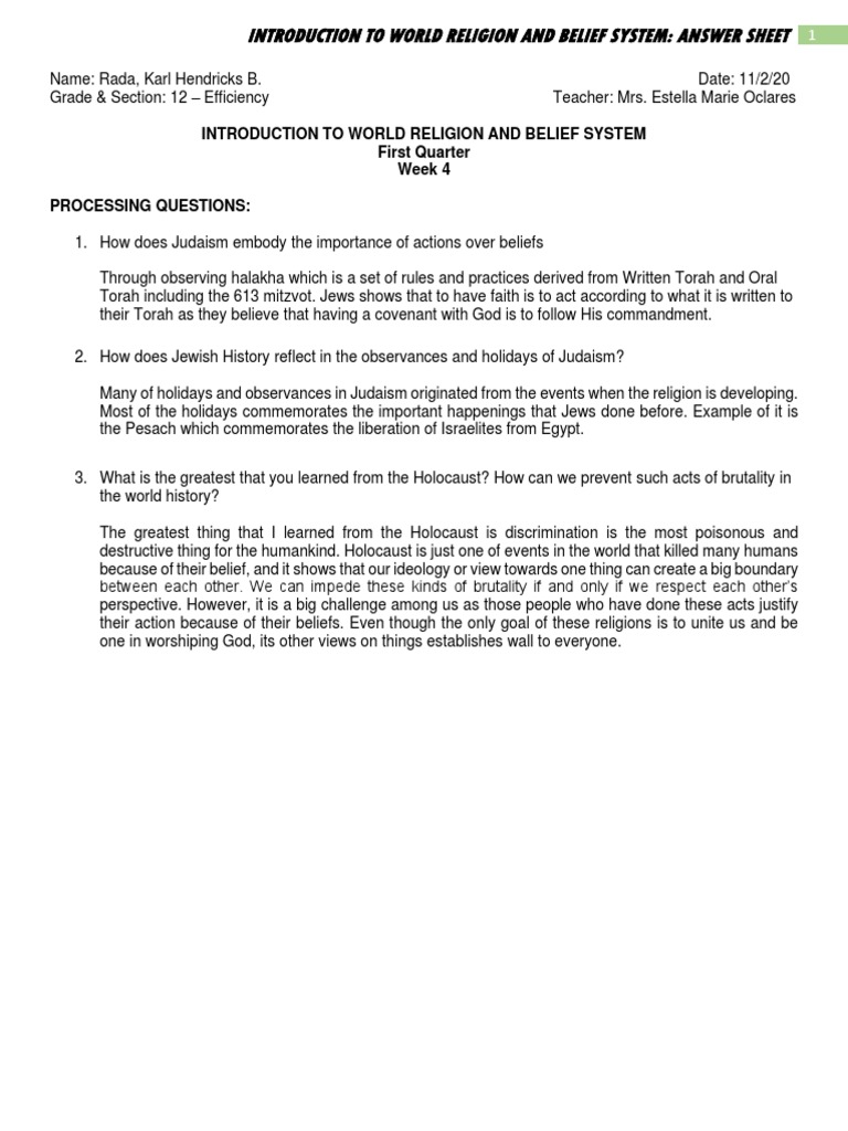 Week 4 World Religion Answer Sheet | PDF | Mitzvah | Nevi'im