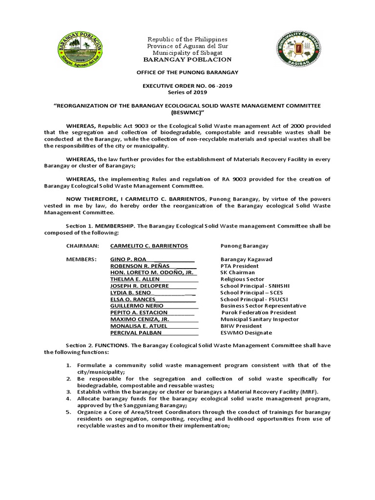 Reorganization of Barangay Waste Committee | PDF | Municipal Solid ...