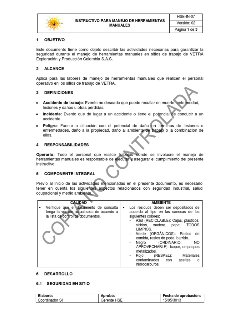 Instructivo de Manejo Seguro de Herramientas | PDF | Herramientas ...