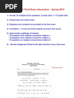 Physics 1201 Final Exam Information - Spring 2013: Format: 35 Multiple-Choice Questions, 5 Points Each À