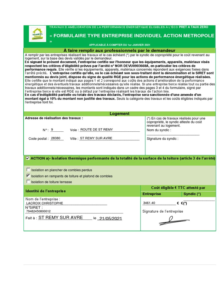 Formulaire Type Entreprise Individuel Action Métropole 2021 2 Dynamique | PDF | Isolation thermique du bâtiment | Énergie renouvelable