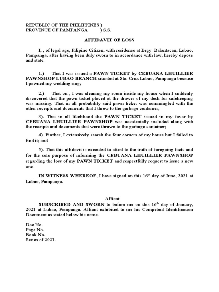 Affidavit of Loss for Pawn Ticket | PDF
