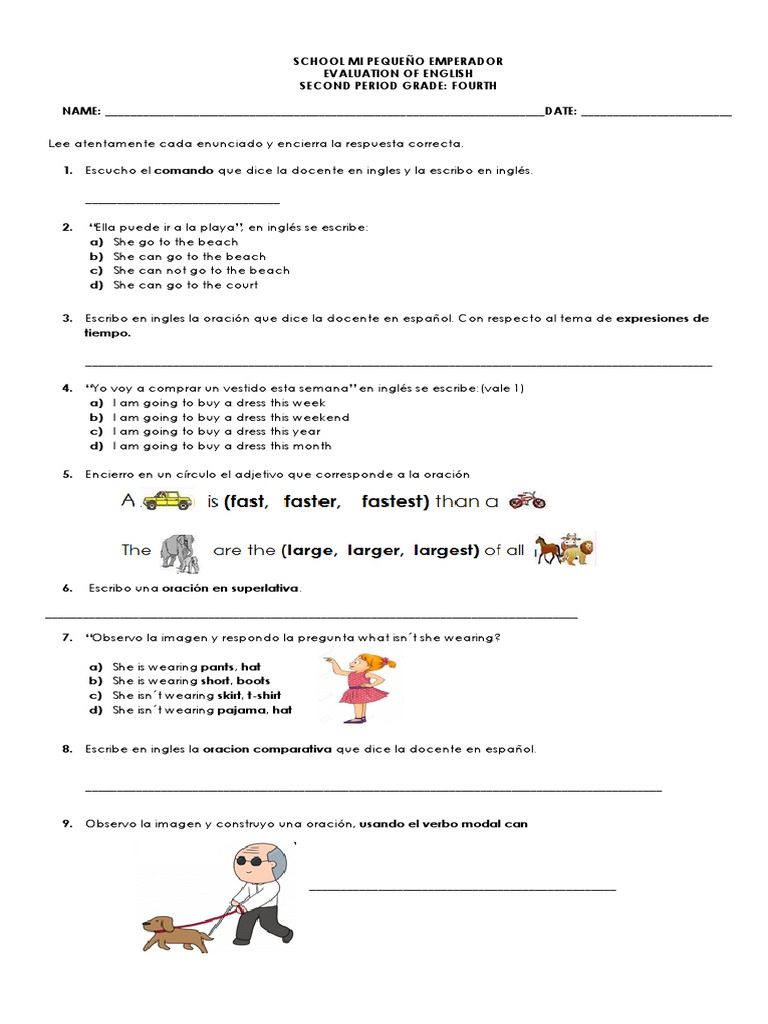 Evaluación de Inglés para Cuarto Grado | PDF | Ropa | Idiomas